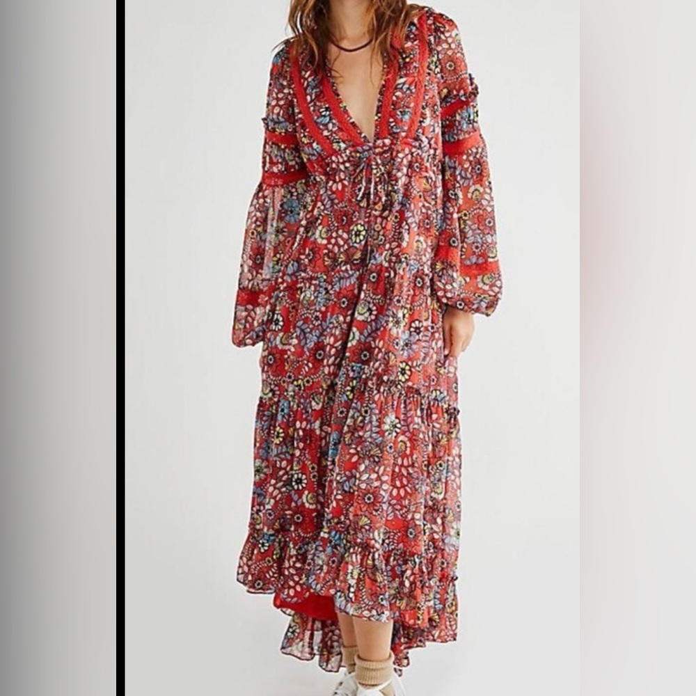 Free People Cassis Floral Maxi Dress Boho Prairie Cottagecore Red Tiered Size M